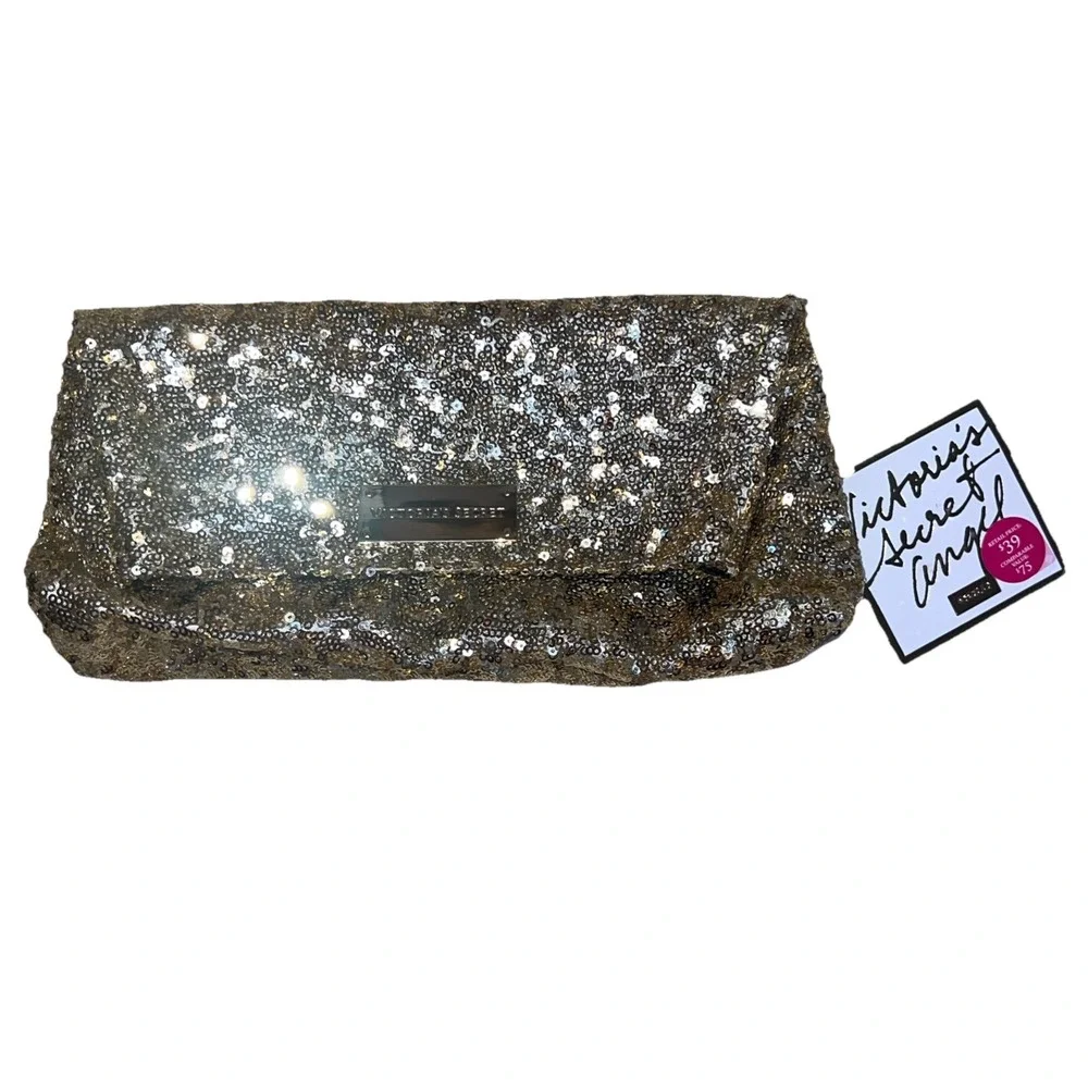 Victoria's Secret Angel Gold Sequin Foldover Clutch‎ Cosmetic Bag NWT Gold Glam